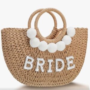 Bride Straw Tote Bag - Tan and White